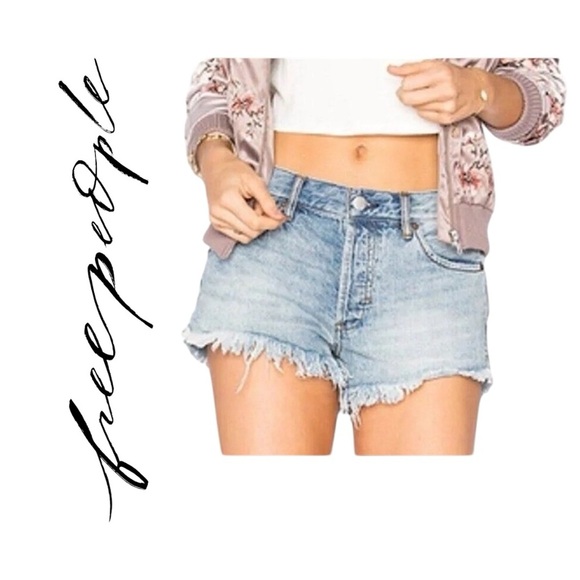 Free People 5 Button Fly Cutoff Camp Denim Shorts 2” Inseam Lite Wash Distressed - Picture 1 of 14
